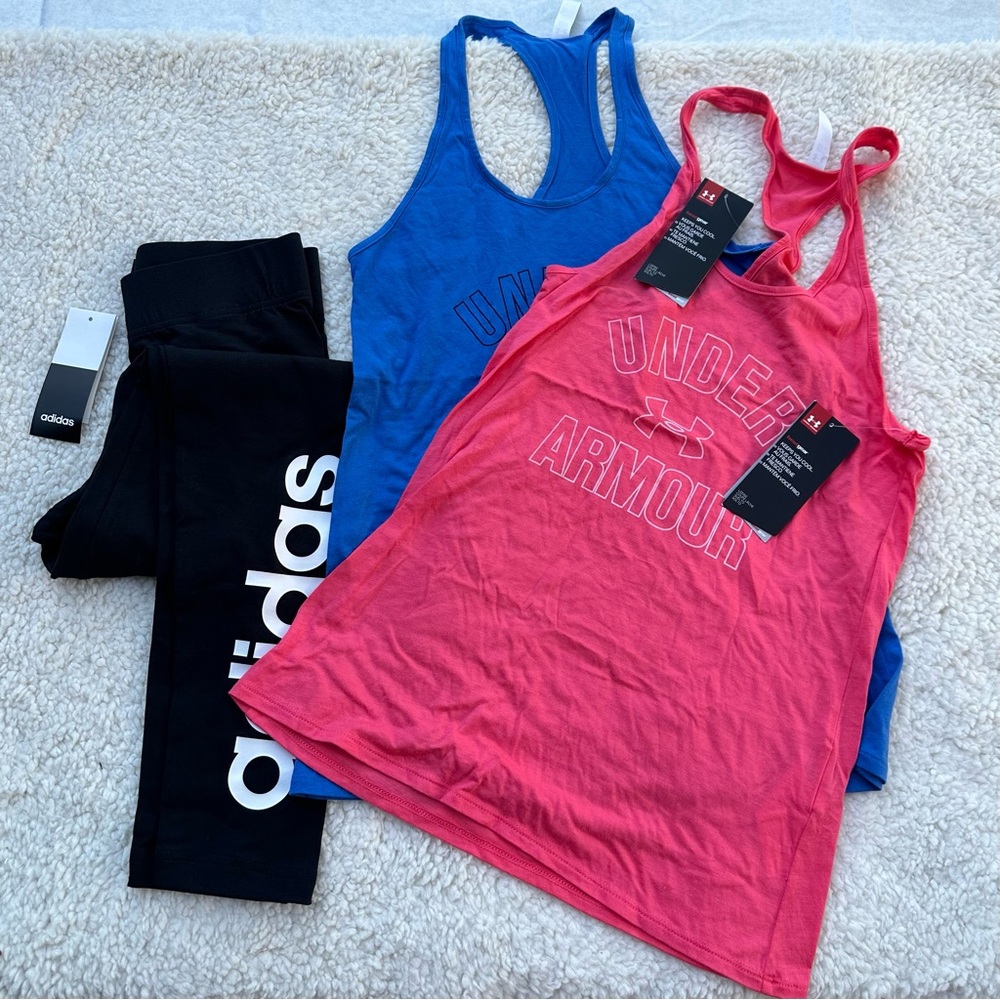NWT Under Armour Pink and Blue Tank Tops with Adidas Black Leggings bundle XS